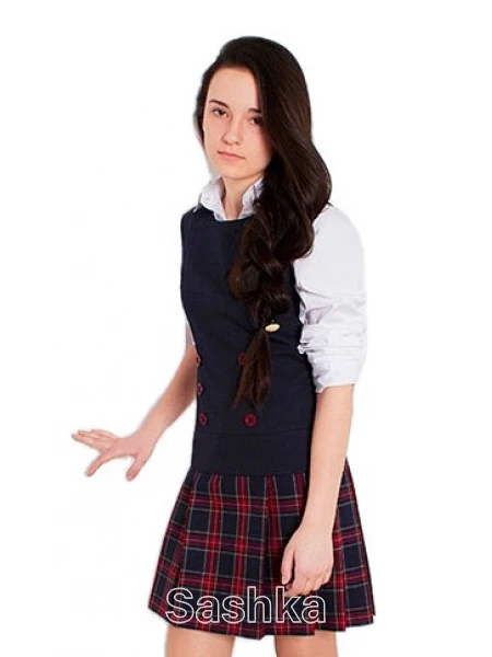 Сарафан для дівчинки-підлітка Sashka шкільний синій з клітинкою (напіввовна), розмір 152-170